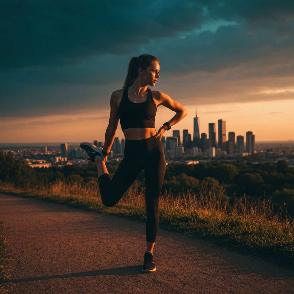 Runner stretching at golden hour overlooking a city skyline